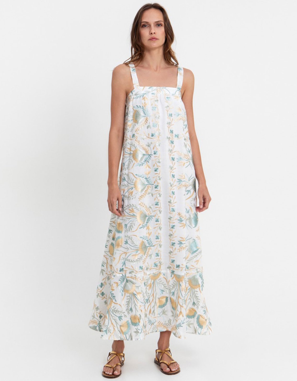 Greek Archaic Kori Blossom embroidered long dress white-multi green